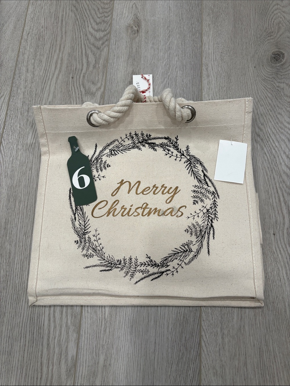 Merry Christmas Canvas Tote Bag with Rope Handles 6 bottles new gift
